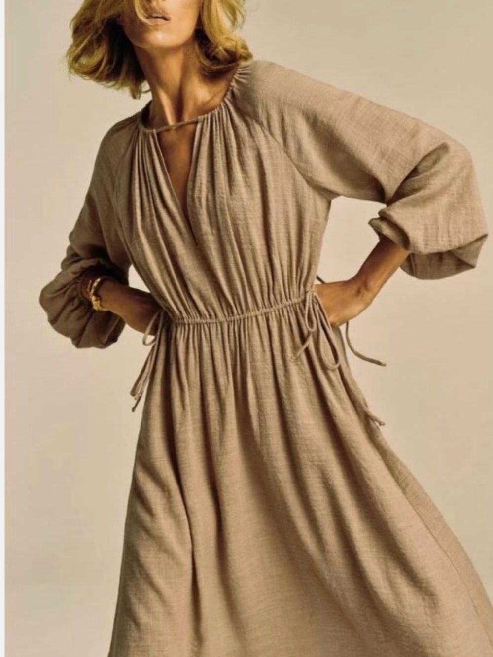 NWT Zara Beige Drawstring Long Sleeve Midi Dress